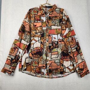 Luc Matton Mens XXL Brown African Abstract Print Button Up Linen Blend Shirt